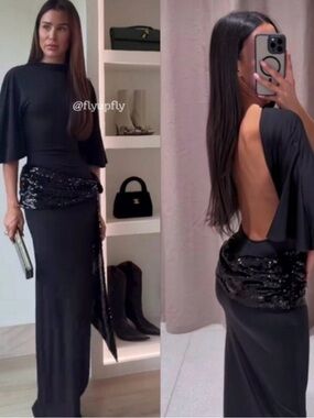 Zara Black Backless Sequin-Waist Evening Gown